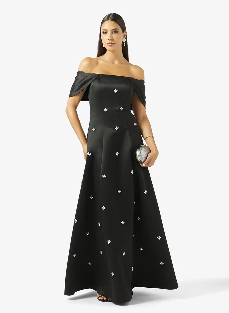 Akadia Fashion  OFF SHOULDER EMBELLISHED A LINE SATIN DRESS for Women | Best Price UAE