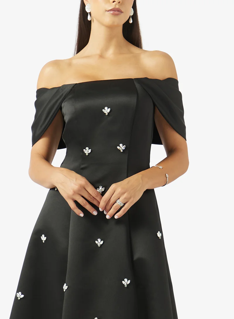 Akadia Fashion  OFF SHOULDER EMBELLISHED A LINE SATIN DRESS for Women | Best Price UAE