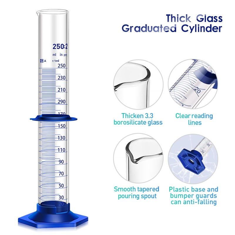 Qesdaoxu Thick Glass Graduated Cylinder Measuring Liquid Lab Cylinders with Anti-Falling Plastic Base and Bumper Guards and Glass Dropper (Glass, 250ML) - Image 5