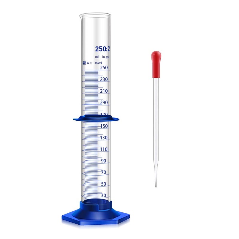 Qesdaoxu Thick Glass Graduated Cylinder Measuring Liquid Lab Cylinders with Anti-Falling Plastic Base and Bumper Guards and Glass Dropper (Glass, 250ML) - Image 1