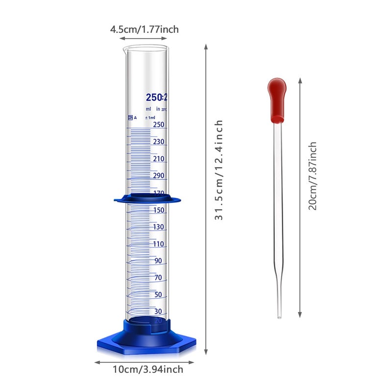 Qesdaoxu Thick Glass Graduated Cylinder Measuring Liquid Lab Cylinders with Anti-Falling Plastic Base and Bumper Guards and Glass Dropper (Glass, 250ML) - Image 2