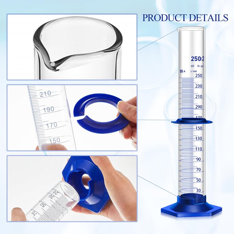 Qesdaoxu Thick Glass Graduated Cylinder Measuring Liquid Lab Cylinders with Anti-Falling Plastic Base and Bumper Guards and Glass Dropper (Glass, 250ML) - Image 3