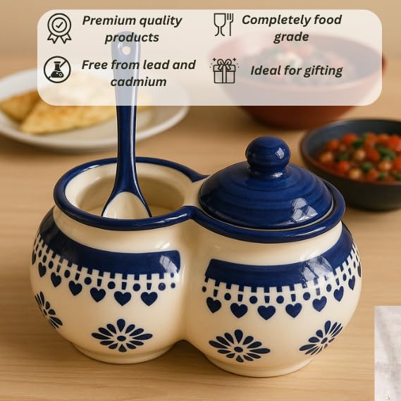 Niyara Multipurpose Storage Ceramic Pickle set Jars & with Lid & tray (Set of 2, 300 ML) (Blue floral design) - Image 4