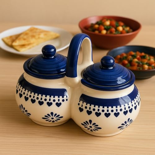 Niyara Multipurpose Storage Ceramic Pickle set Jars & with Lid & tray (Set of 2, 300 ML) (Blue floral design) - Image 3