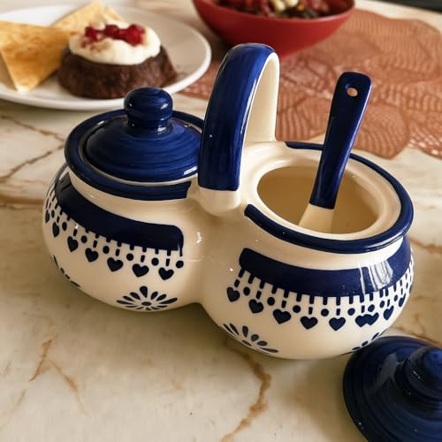 Niyara Multipurpose Storage Ceramic Pickle set Jars & with Lid & tray (Set of 2, 300 ML) (Blue floral design) - Image 2