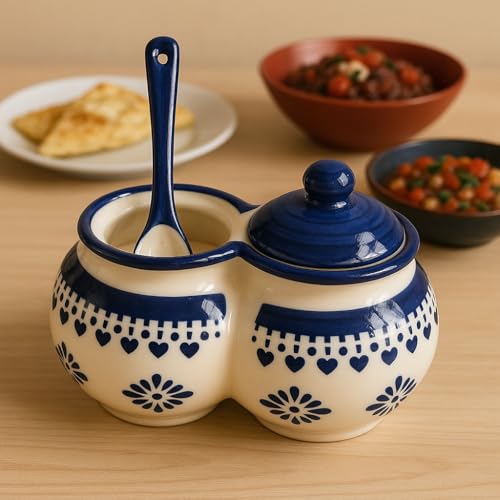 Niyara Multipurpose Storage Ceramic Pickle set Jars & with Lid & tray (Set of 2, 300 ML) (Blue floral design) - Image 1