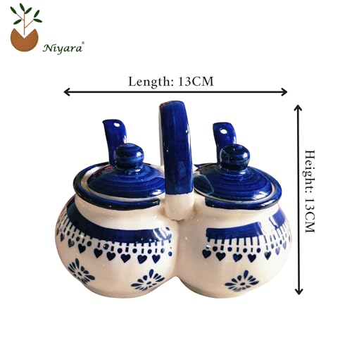 Niyara Multipurpose Storage Ceramic Pickle set Jars & with Lid & tray (Set of 2, 300 ML) (Blue floral design) - Image 5