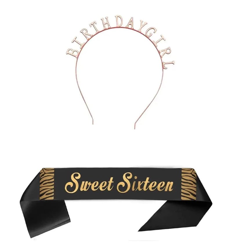 TOYXE Sweet Sixteen Sash with Birthday Girl Headband Black Gold - Image 1