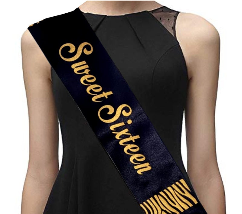 TOYXE Sweet Sixteen Sash with Birthday Girl Headband Black Gold - Image 3