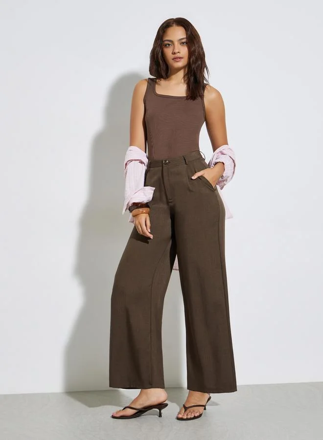Styli Brown Solid Wide Leg Pants