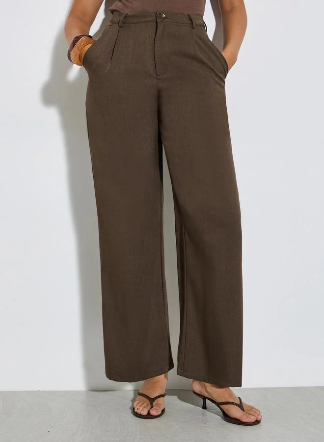 Styli Brown Solid Wide Leg Pants
