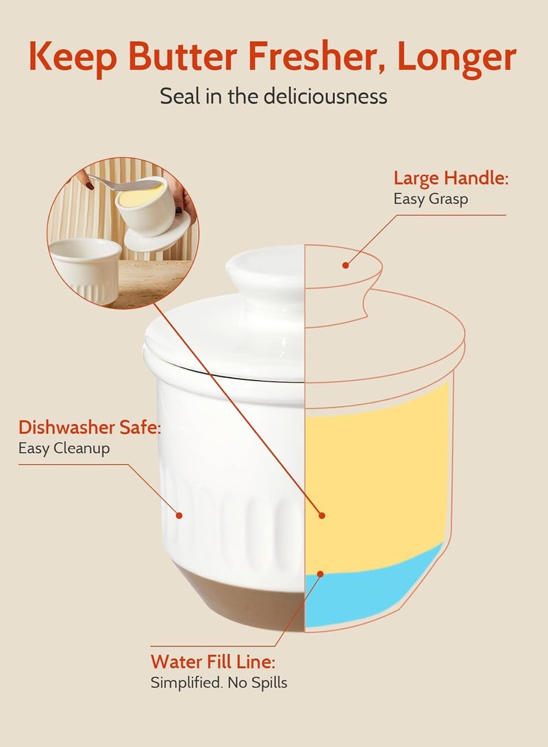Sweese وعاء زبدة فرنسي مزخرف مع ماء، حافظة زبدة خزفية مع غطاء للكونتر، طبق زبدة أبيض عتيق وأصفر، آمن في غسالة الصحون والميكروويف - Image 4