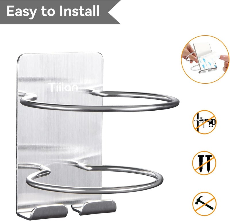 Tiilan Hair Dryer Holder Wall Mount, Blow Dryer Holder Self Adhesive, SUS 304 Stainless Steel, Bathroom Hair Tool Organizer Rack, Silver - Image 5