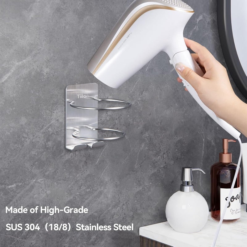 Tiilan Hair Dryer Holder Wall Mount, Blow Dryer Holder Self Adhesive, SUS 304 Stainless Steel, Bathroom Hair Tool Organizer Rack, Silver - Image 2