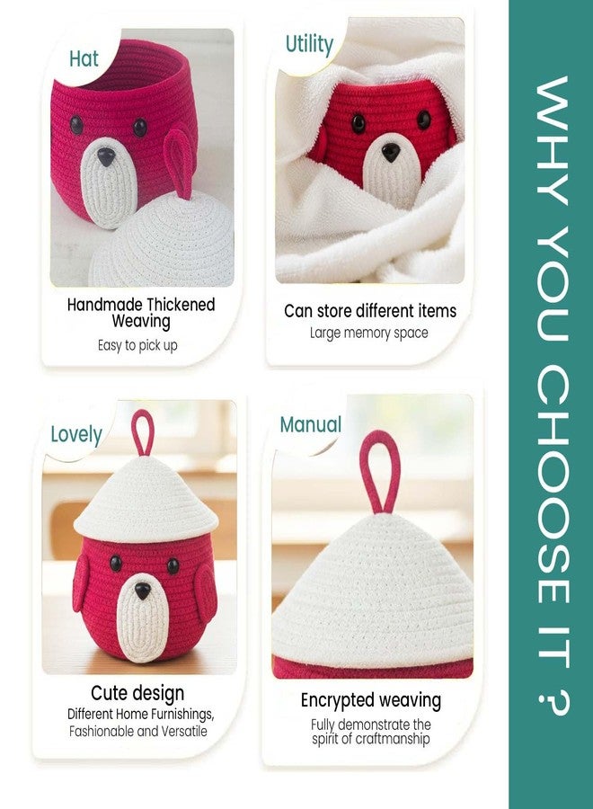 BIANCO Cute Animal Face Rope Storage Basket with Lid for Kids | Premium Magenta Cotton Rope Nursery Organizer for Toys, Baby Essentials, Bathroom & Home Décor | Soft & Durable Handcrafted Basket - Image 3