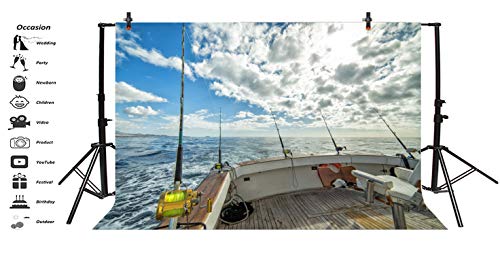 AOFOTO 7x5ft Sea Landscape Backdrop Fishing Boat Fishing Poles Blue Sky White Cloud Photography Background Anglers Vacation Video Displays TV Film Production Studio Prop Video Drape - Image 3