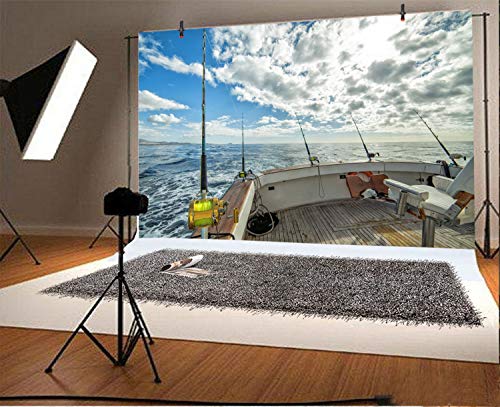 AOFOTO 7x5ft Sea Landscape Backdrop Fishing Boat Fishing Poles Blue Sky White Cloud Photography Background Anglers Vacation Video Displays TV Film Production Studio Prop Video Drape - Image 2