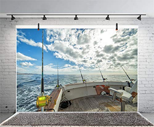 AOFOTO 7x5ft Sea Landscape Backdrop Fishing Boat Fishing Poles Blue Sky White Cloud Photography Background Anglers Vacation Video Displays TV Film Production Studio Prop Video Drape - Image 4