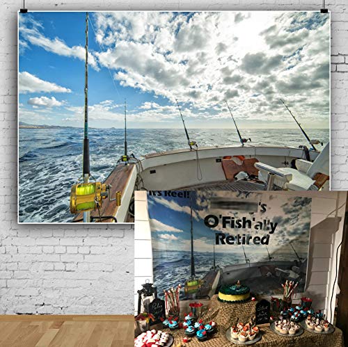 AOFOTO 7x5ft Sea Landscape Backdrop Fishing Boat Fishing Poles Blue Sky White Cloud Photography Background Anglers Vacation Video Displays TV Film Production Studio Prop Video Drape - Image 1