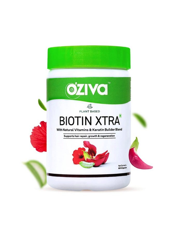 OZiva Plant Based Biotin Xtra | Biotin for hair growth & Regeneration | Biotin 7000 mcg+ with Keratin Builder, Sesbania Agati & Aloe Vera (Pack of 1, (60 Capsules)) - Image 1