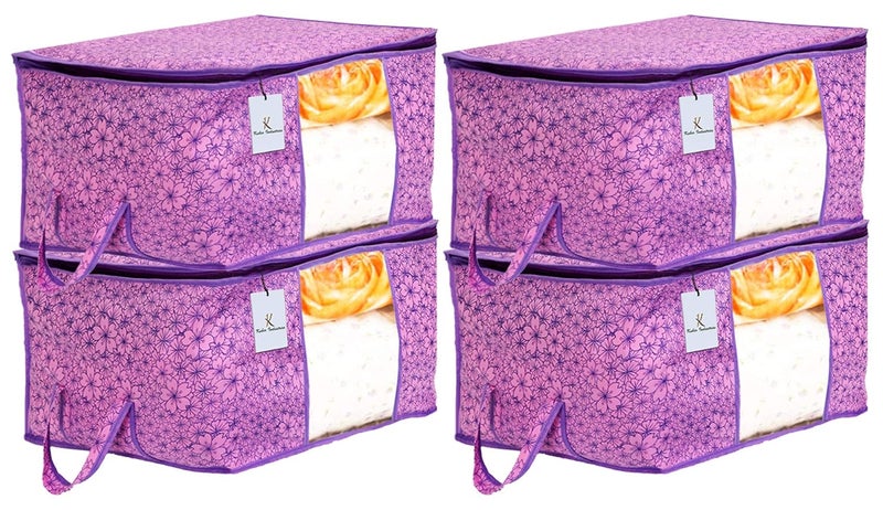 Kuber Industries Metallic Flower Design Non Woven 4 Pieces Underbed Storage Bag Storage Organiser Blanket Cover Pink Purple CTKTC034565 - Image 1