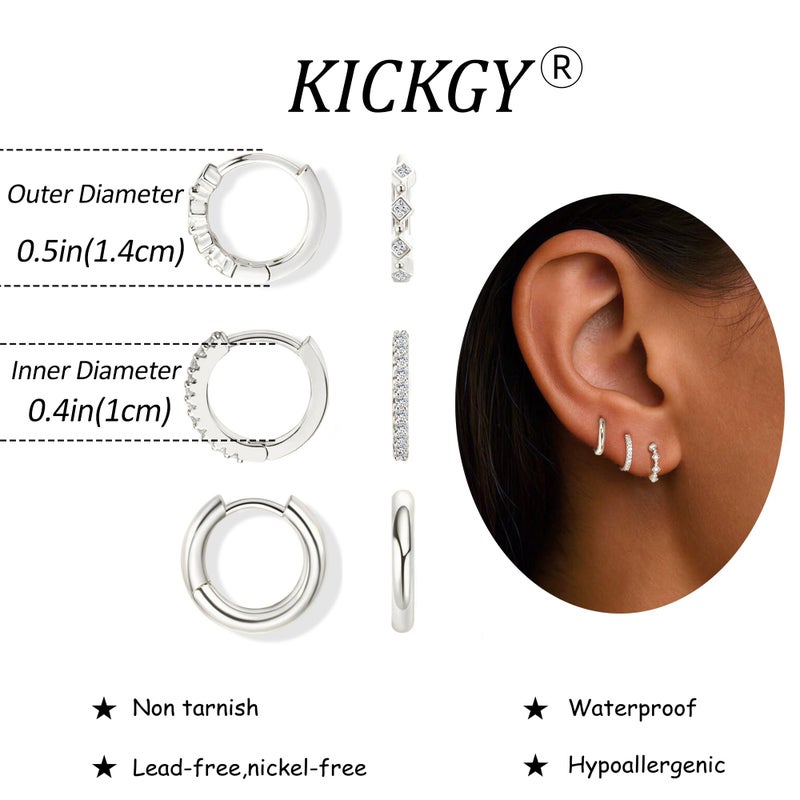 KICKGY Silver Huggie Earrings for Women Trendy,Dainty Sterling Silver CZ Earring Set Small Huggie Hoop cartilage Earring Stack for Women Simple Cute Hypoallergenic Earrings Waterproof Jewelry Gifts - Image 3