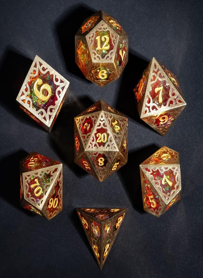 Cusdie 7-Piece Metal Frame Sharp Edges DND Dice Set with Metal Frame- Perfect for Tabletop RPGs Board Games Gifting and Collecting(Red and Yellow) - Image 1