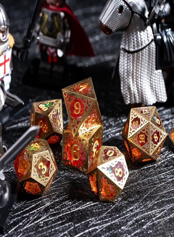 Cusdie 7-Piece Metal Frame Sharp Edges DND Dice Set with Metal Frame- Perfect for Tabletop RPGs Board Games Gifting and Collecting(Red and Yellow) - Image 5