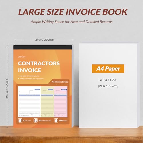 Harfesto Large Contractor Invoice Book, Invoice Receipt Book for Small Business, 3 Part Carbonless Work Order Estimate Forms, 8x11 in, 200 Sets (4 Books) - Image 2
