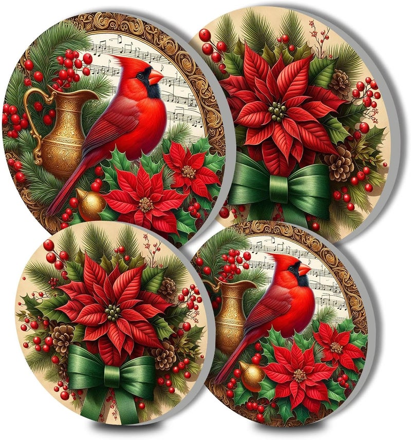 Aihonmin Cardinal and Poinsettia Christmas Stove Burner Covers Set of 4 for 8 inch and 10 inch Burners Metal Stove Top Covers Pine Branches Pinecones Red Berries Green Bow Kitchen and Home Decoration - Image 1