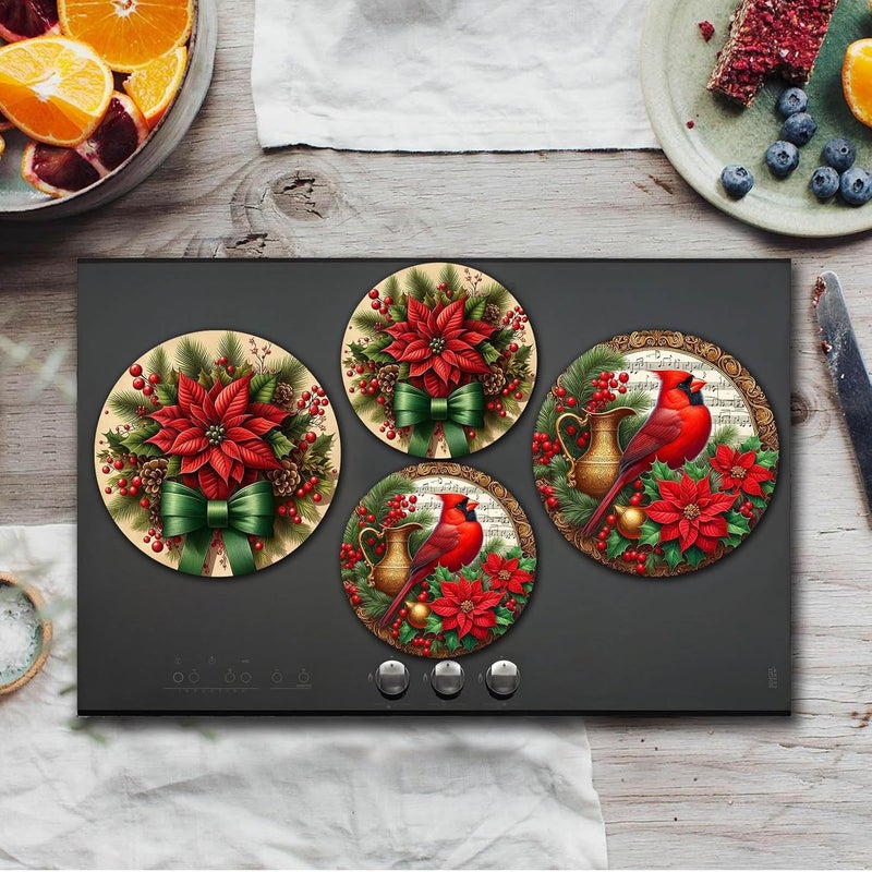 Aihonmin Cardinal and Poinsettia Christmas Stove Burner Covers Set of 4 for 8 inch and 10 inch Burners Metal Stove Top Covers Pine Branches Pinecones Red Berries Green Bow Kitchen and Home Decoration - Image 2