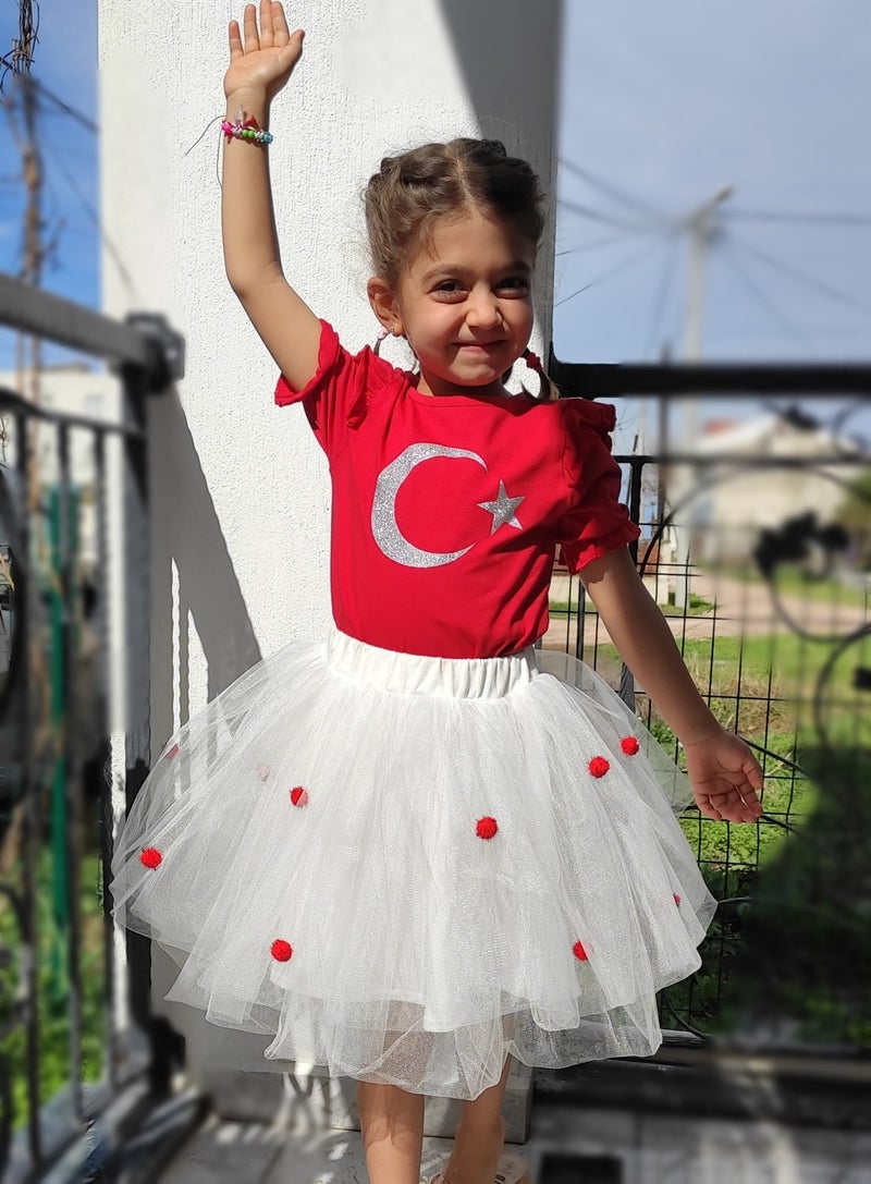 Novy Baby 23 April Turkish Flag Shoulder and Sleeve Ruffle T-Shirt Girl - 2-9 Years - 2088  - Image 1