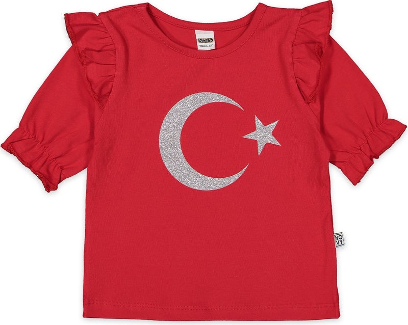 Novy Baby 23 April Turkish Flag Shoulder and Sleeve Ruffle T-Shirt Girl - 2-9 Years - 2088  - Image 2