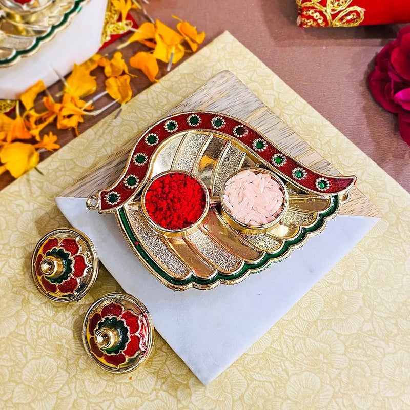 SATVIK STORE SATVIK 1 Pc Golden Decorative Designer Roli ChawalRice Holder Akshata Kumkum Haldi Holder Indian Festival Rakhi Pooja Thali Diwali Pujan Puja Mandir Tika Platter Housewarming Gifts Items