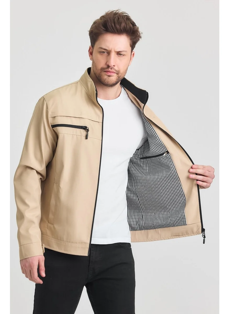 سيفيست Cream Men's Cotton Polyester Blend Double Chest Zippered Water and Windproof Seasonal & Summer Coat