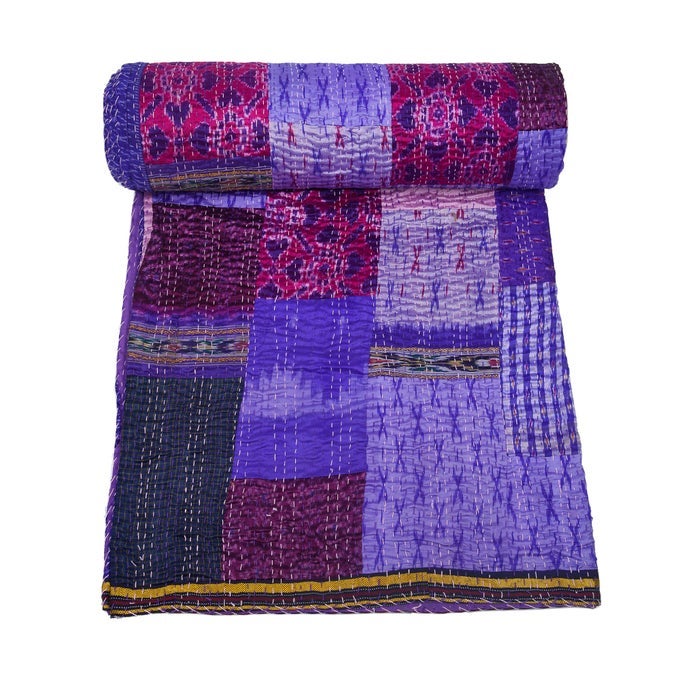 INDIAN HANDMADE QUILT INDIAN SILK SARI KANTHA QUILTED PATCHWORK BEIGE QUEEN 90X 108