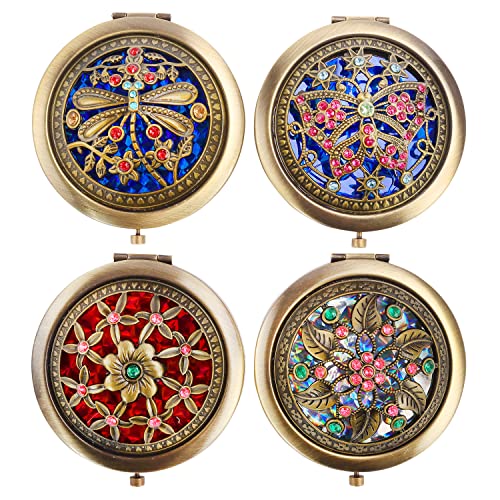 Rich Boxer 4 Pcs Vintage Foldable Mirror Metal Vanity Mirror Travel Mirror Makeup Mirror Pocket Mirror Double Sided Compact Cosmetic Mirror, Bronze, Random Style - Image 1