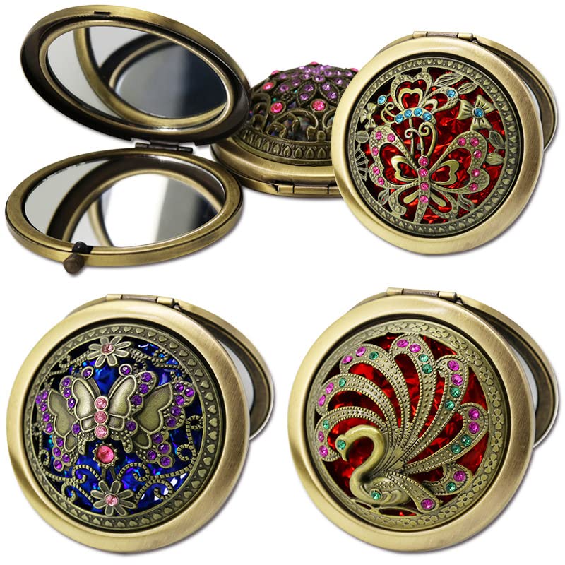 Rich Boxer 4 Pcs Vintage Foldable Mirror Metal Vanity Mirror Travel Mirror Makeup Mirror Pocket Mirror Double Sided Compact Cosmetic Mirror, Bronze, Random Style - Image 4