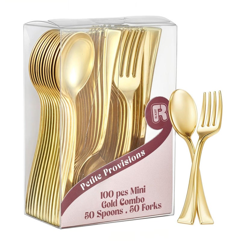 R-kay 100 Combo Pack 50 Gold Mini Forks And 50 Gold Mini Spoons 4 Inch Dessert Forks And Spoons - Heavy duty Mini Cutlery, Tastings, Cocktails, Dessert Cups. - Image 1