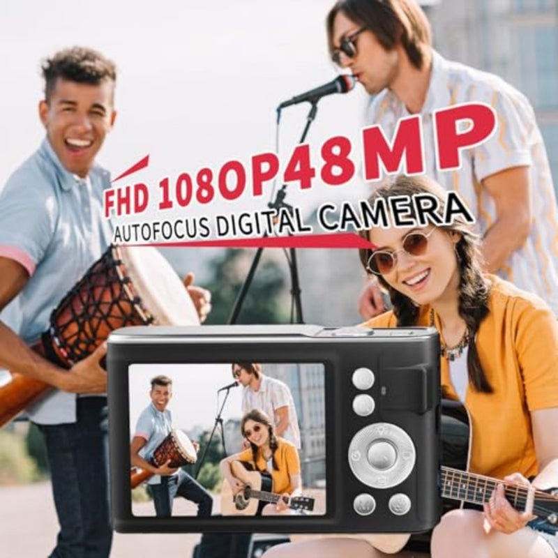 كاميرا رقمية، كاميرا بوينت اند شوت بدقة 48 ميجابكسل فل اتش دي 1080 بيكسل مع تكبير 16x، كاميرا محمولة مدمجة مضادة للاهتزاز للتصوير الفوتوغرافي مع بطاقة 32 جيجابايت، كامارا التركيز التلقائي للمبتدئين والمراهقين، أسود - Image 2
