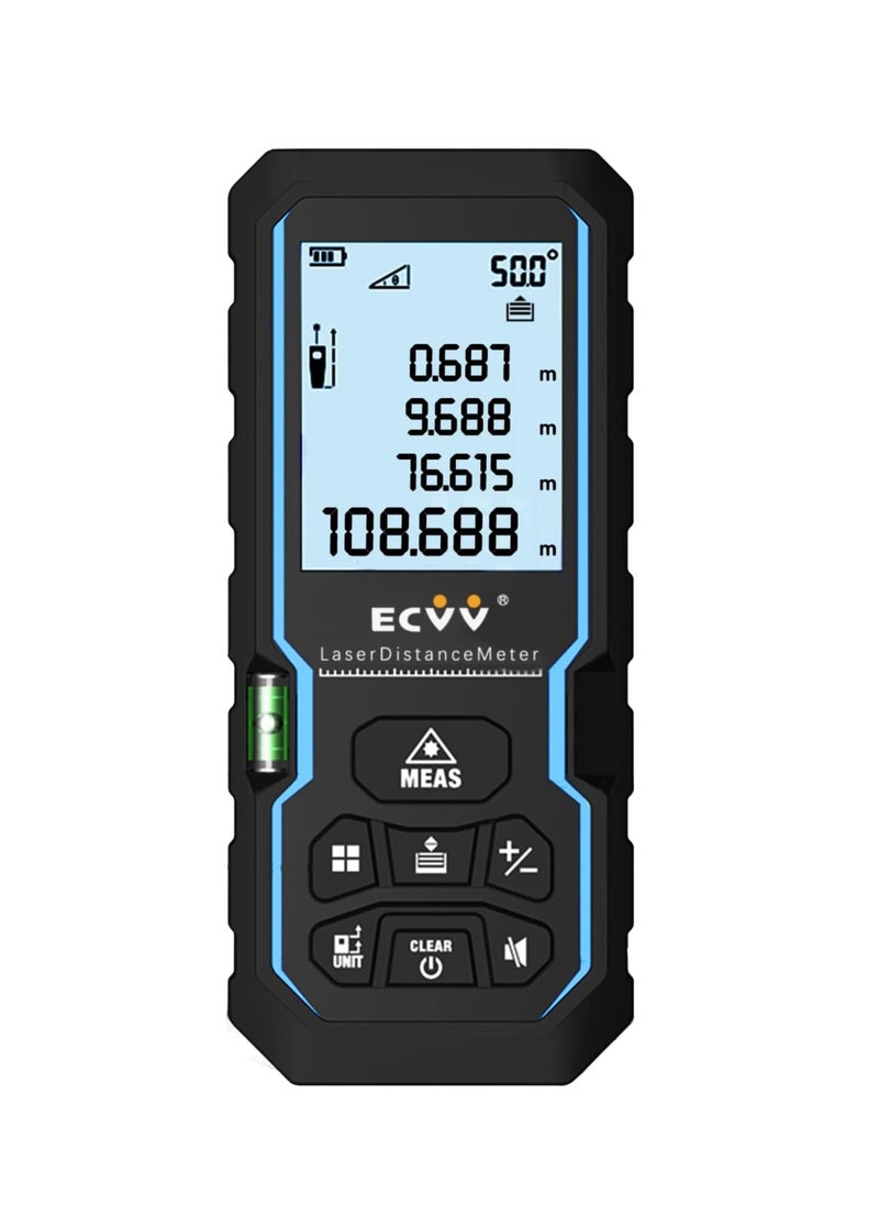 ECVV جهاز قياس المسافة ECVV، أداة قياس ليزر رقمية بمقبض محمول، شريط قياس مساحة وحجم مع مستوى فقاعة وشاشة LCD رباعية الخطوط  - Image 1