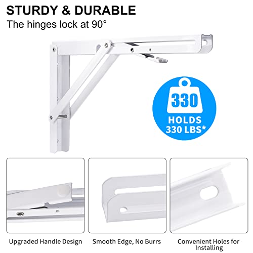 YUMORE Folding Shelf Bracket Heavy Duty, 12 Inch White Collapsible Shelf Bracket, DIY L Bracket for Workbench Folding Table Hinge, Max Load: 330lbs, 2 Pack - Image 4