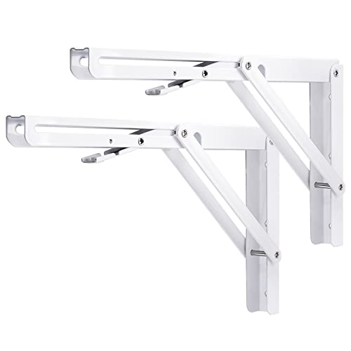 YUMORE Folding Shelf Bracket Heavy Duty, 12 Inch White Collapsible Shelf Bracket, DIY L Bracket for Workbench Folding Table Hinge, Max Load: 330lbs, 2 Pack - Image 1
