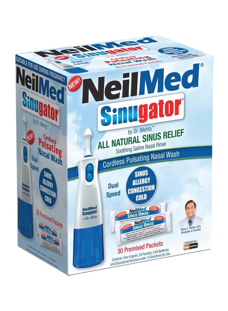 NeilMed Sinugator Cordless Pulsating Nasal Wash Kit Dual-Speed Irrigator With 30 Premixed Saline Packets And Batteries Soothing  - Image 1