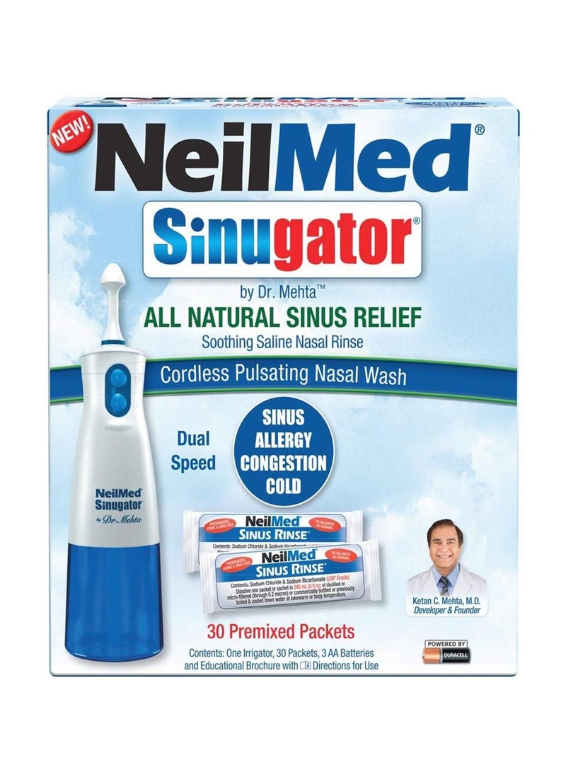 NeilMed Sinugator Cordless Pulsating Nasal Wash Kit Dual-Speed Irrigator With 30 Premixed Saline Packets And Batteries Soothing  - Image 2