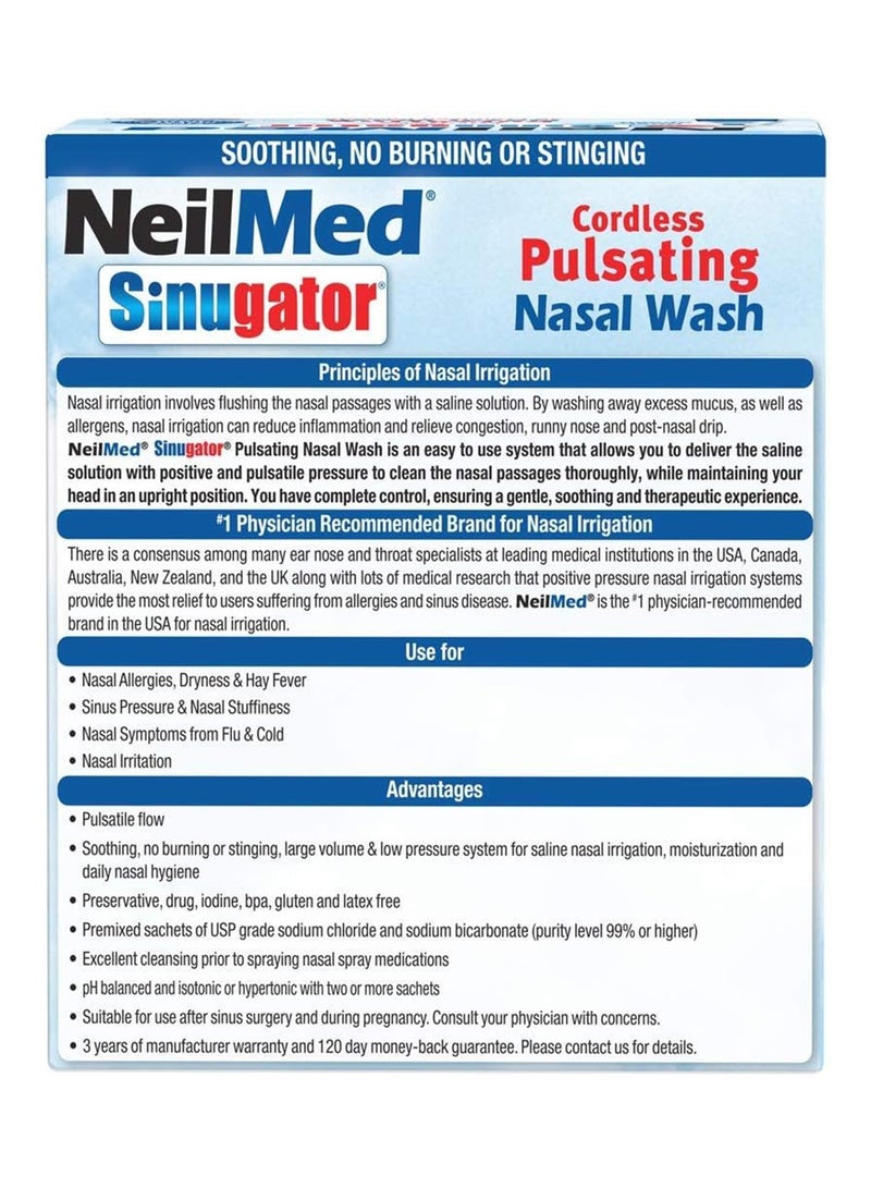 NeilMed Sinugator Cordless Pulsating Nasal Wash Kit Dual-Speed Irrigator With 30 Premixed Saline Packets And Batteries Soothing  - Image 3