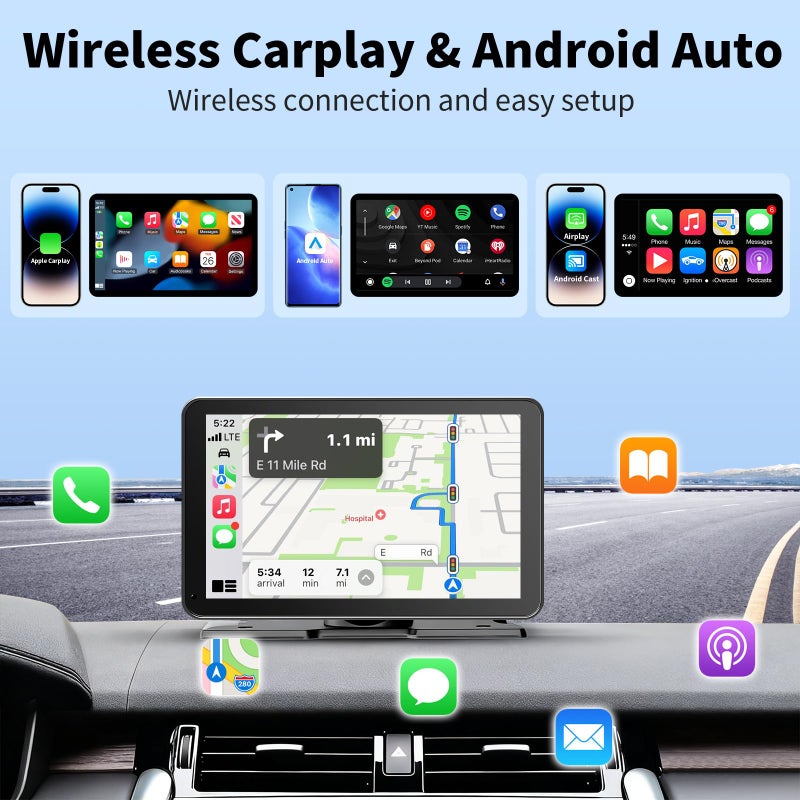 GTVFS CarPlay Screen for Car, 9'' Wireless CarPlay & Android Auto - Smart Portable Touchscreen with Bluetooth/FM, Mirror Link, Voice Control, GPS Navigation, Hands-Free Calling, Plug & Play Car Play Screen - Image 2