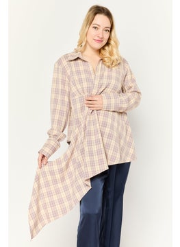 Women Tall Surplice Neck Long Sleeve Checkered Shirts, Beige