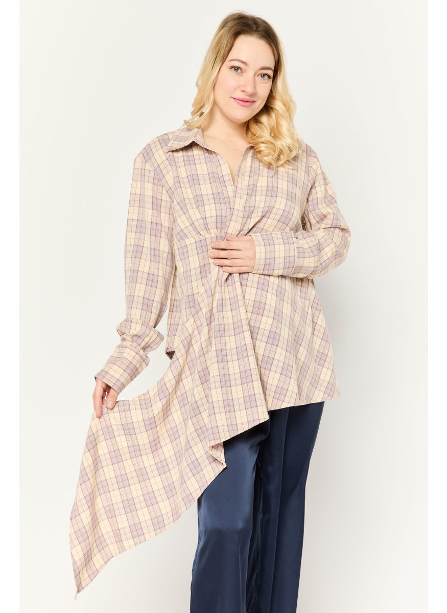 Missguided - Women Tall Surplice Neck Long Sleeve Checkered Shirts, Beige - Image 1