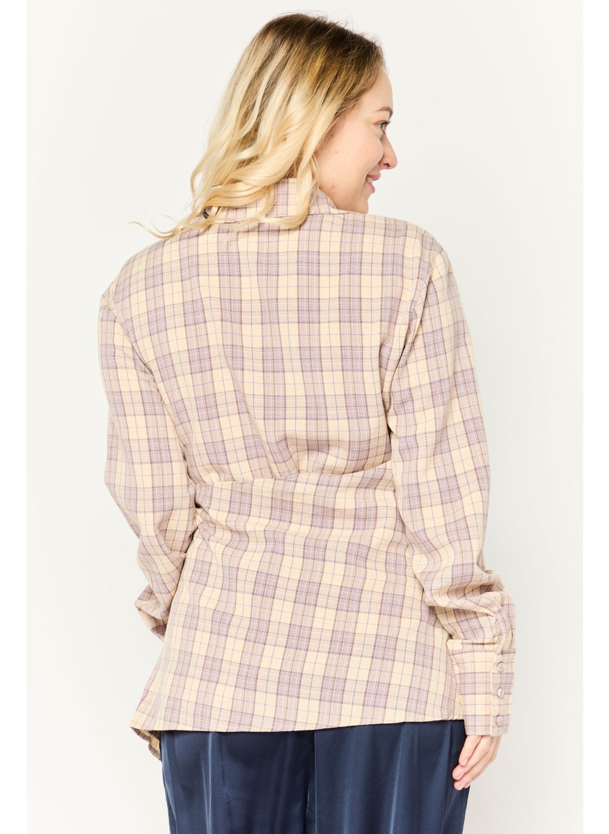 Missguided - Women Tall Surplice Neck Long Sleeve Checkered Shirts, Beige - Image 1